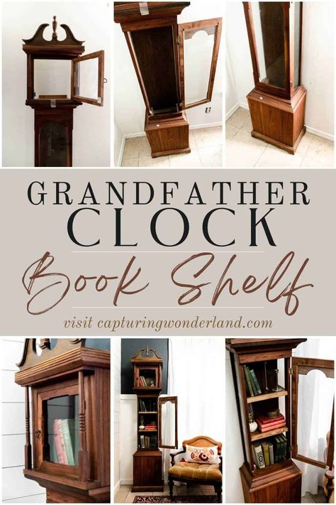 Diy Grandfather Clock Projects, Repurpose Grandfather Clock, Bookshelf Repurpose, Diy Grandfather Clock, Grandfather Clock Makeover, Old Grandfather Clock, Repurposed Grandfather Clock, Grandmother Clocks, Family Clock