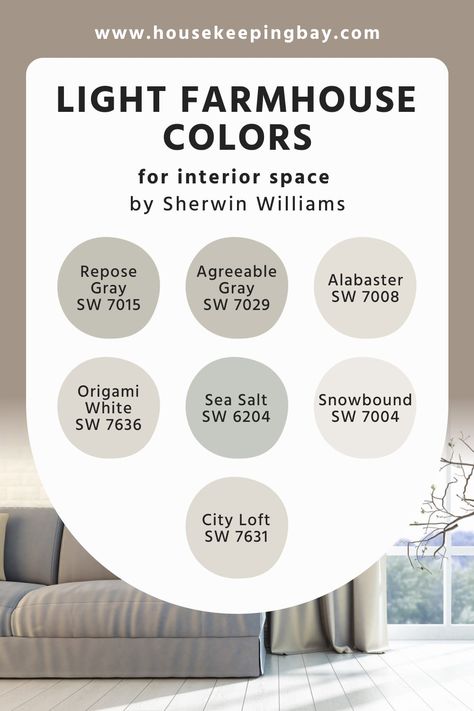 Light Sherwin Williams Farmhouse Colors For Interior Space Whole House Paint Colors 2023 Sherwin Williams, Whole House Paint Scheme Light And Airy, Popular House Colors Interior, Farmhouse Paint Pallet Sherwin Williams, Foyer Paint Color Ideas Sherwin Williams, Wintersweet Gray Sherwin Williams, Sherman Williams Farmhouse Colors, Farmhouse Sherwin Williams Paint Colors, Light French Gray Living Room