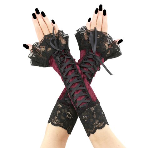 Gothic gloves are a stylish and edgy accessory that can add a touch of drama to any outfit. Typically made from materials like lace, or velvet, gothic gloves often feature intricate designs, such as studs, or intricate embroidery. Perfect for completing a gothic-inspired look or adding a touch of mystery to a more traditional outfit, gothic gloves are a versatile accessory that can elevate any ensemble. gloves without fingers with corset laced and ruffled for gothic bride 01D long fingerless glo Red Goth Accessories, Red And Black Gloves, Red Steampunk Aesthetic, Vampire Goth Clothes, Red And Black Goth Outfits, Vampire Clothes Women, Women Vampire Costume, Goth Vampire Costume, Vampire Fashion Aesthetic