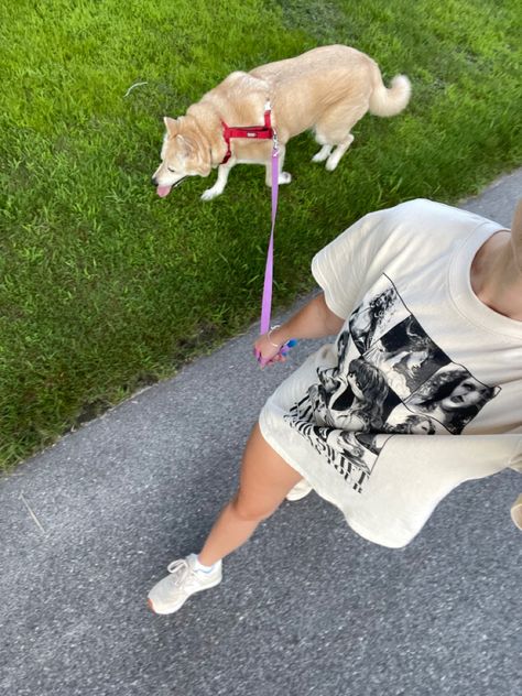 Taylor swift tshirt, walking, outdoors Summer Dog Walk Aesthetic, Dog Walking Outfit Spring, Dog Walker Outfit, Summer Dog Walking Outfit, Walking Dog Outfit, Walking Your Dog Aesthetic, Dog Walking Outfit Summer, Walk Dog Aesthetic, Walking The Dog Aesthetic