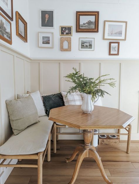 Breakfast Nook Picture Wall, Closet Turned Breakfast Nook, Dining Nook No Window, Loveseat Breakfast Nook, Temporary Breakfast Nook, Breakfast Nook Ideas No Window, Tiled Breakfast Nook, Green Kitchen Nook, Breakfast Nook Makeover