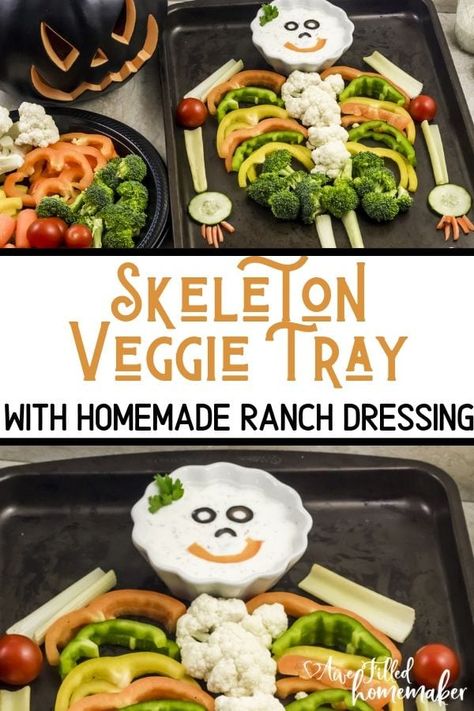 This Skeleton Veggie Tray with Homemade Ranch Dressing is so cute and delicious! Perfect for fall, Halloween or even for fun activity with kids to learn anatomy! Such a unique way to get those vegetables in too! #Vegetables #Veggies #Skeleton #VeggieTray #Halloween #Fall #HumanAnatomy #Anatomy Skeleton Veggie Tray, Learn Anatomy, Pasteles Halloween, Vegetable Tray, Ranch Recipe, Homemade Ranch Dressing, Eat Veggies, Homemade Ranch, Veggie Tray