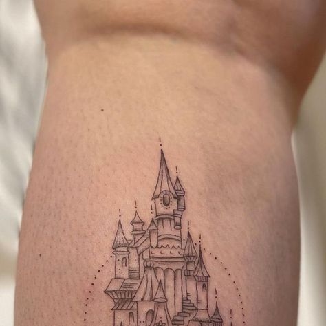 Minimalist Castle Tattoo, Small Castle Tattoo, Disney Castle Tattoo, Small Castle, Tattoo Disney, Castle Tattoo, Small Castles, Calf Tattoo, Line Work Tattoo