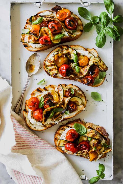 Blistered Tomato and Zucchini Tartines with Whipped Feta - Dishing Out Health Healthy Fiber Foods, Good Appetizers, Dishing Out Health, Healthy Fiber, Feta Recipes, Grilled Bread, Whipped Feta, Fiber Foods, Light Lunch