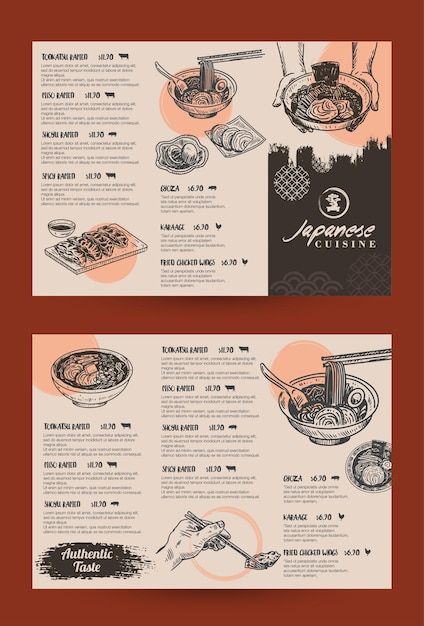 Vector food sketch japanese menu templat... | Premium Vector #Freepik #vector #japanese #japanese-background #japanese-design #japan-pattern Japanese Restaurant Graphic Design, Korean Menu Design Ideas, Menu Design Japanese Style, Menu With Illustrations, Trifold Menu Design Layout, African Menu Design, Folded Menu Design, Illustrated Menu Design, Japanese Menu Design Layout