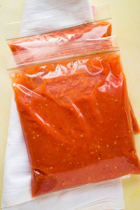 Freezing Tomato Sauce In Freezer Bags Freezing Tomato Sauce, Freezer Tomato Sauce, Roma Tomato Sauce, Roma Tomato Recipes, Freezing Tomatoes, Roma Tomato, Pressure Canning Recipes, Cherry Tomato Sauce, Fresh Tomato Recipes