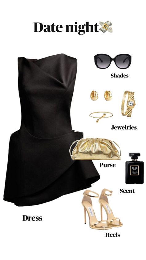 Classy simple black and gold date night outfits for minimalists. Less is more Black And Gold Outfit Classy, Black And Gold Outfit, Date Night Outfits, Outfit Classy, Gold Outfit, Fancy Outfits, Less Is More, Night Outfits, Date Night Outfit