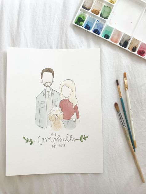 Simple Family Portrait Drawing, Diy Family Portrait Art, Draw Family Portrait, Diy Watercolor Portrait, Easy Family Portrait Painting, Watercolor Family Portrait Faceless, Watercolour Family Portrait, Simple Watercolor People, Family Watercolor Illustration