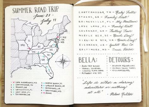 #Travel #journal #map Diary Layout, Map Of The Us, Weekly Log, Boho Berry, Road Trip Planning, Summer Road Trip, Bullet Journal Inspo, Journal Layout, Travel Scrapbook