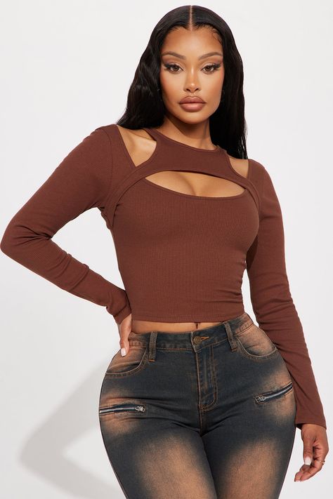 Available In Brown, Black, And White. Crew Neck Long Sleeve Cut Out Detail Stretch 57% Cotton 35% Polyester 8% Spandex Imported | Chloe Cut Out Top in Brown size Large by Fashion Nova Womens Camisoles, White Crew Neck, Cut Out Top, Tank Top Camisole, Knit Tops, Dress Pant, Brown Fashion, Fashion Tops, Fashion Nova