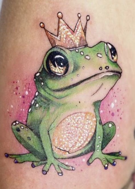 Frog With Flower Hat Tattoo, Fairy Frog Tattoo, Girly Frog Tattoo, Frog With Crown Drawing, Color Frog Tattoo, Fancy Frog Tattoo, Colorful Frog Tattoo, Frog Tattoos, Crown Tattoo