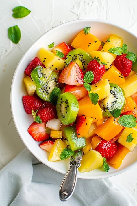 Yellow Fruit Salad, Tropical Fruit Salad Aesthetic, Tropical Fruit Salad Recipe, Tropical Fruit Salad, Breakfast Fruit, Fruit Salad Recipe, Fruit Recipe, Yellow Fruit, Freshly Squeezed Orange Juice