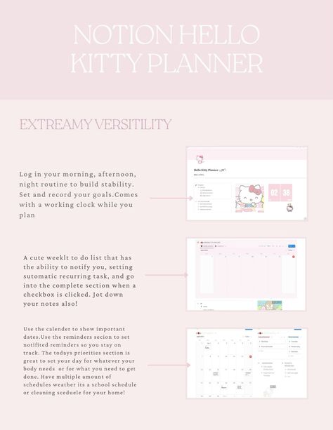 #Hello_Kitty_Notion #Notion_Planner_Template #Goals_Habits #Notion_Planner Hello Kitty Notion, Notion School, Goals Habits, Notion Planner, School Template, Functional Planner, Night Routine, Stay Organized, Staying Organized