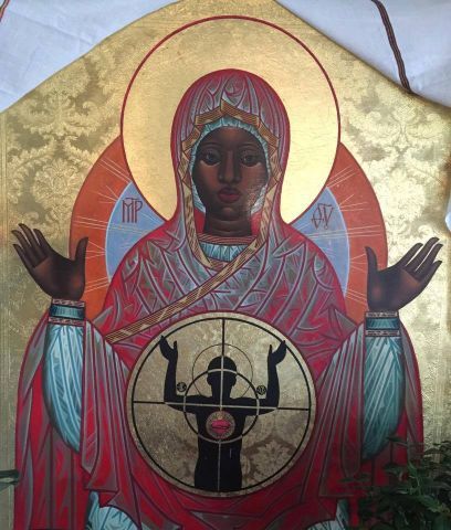 New Icon Depicts Black Mary as 'Our Lady Mother of Ferguson' | Sojourners. The posture, while a clear reference to the “Hands up, don’t shoot” slogan birthed in Ferguson, Mo., in response to police violence, is also the “orans” position of prayer, as Fr. Martin explained. Orans, which in Latin means “praying,” is a position that designates pleading or supplication to God. Saint Gregory, Black Madonna, The Virgin Mary, Episcopal Church, Madonna And Child, Sacred Art, Catholic Faith, Religious Art, Our Lady