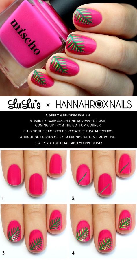 Beautiful Tropical Palm Leaf Design DIY Nail Art Idea - Summer Nails; Pink Nails; DIY Nail Art Tutorial; Cute Short Nails; Tropical Vibes; Tropical Nails; Diy Tropical Nail Art; Easy Nail Art; Cute Nails / #nails #nail #naildesigns #nailvarnish #nailart #nailartaddict #polish #nailpolish #nailswag #nailstagram #nailsofinstagram #nails2inspire #naildesigns #nailsonfleek #manicure #fashionstyle #fashionista #tropical #nailideas #love Nails Dots, Leaf Nails, Diy Nail Art Tutorial, Tropical Nail Art, Mani Monday, Tropical Nails, Nail Tutorial, Diy Nail Designs, Great Nails