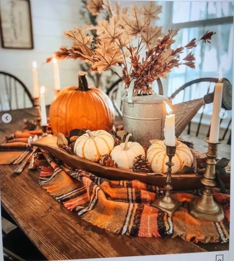 Fall Decor For Sofa Table, Decorating A Buffet For Fall, Round Table Fall Decorations, Early Fall Decor Late Summer Front Porch, Fall Dining Room Decor Farmhouse, Fall Decor Centerpieces Ideas, Fall Buffet Table Decor Dining Room, Fall Vingette Ideas, Fall Ottoman Tray Decor