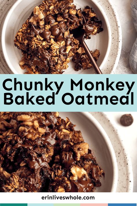 Start your morning with chocolate banana flavor with this delicious Chunky Monkey Baked Oatmeal! Made with walnuts and protein-packed oats. Simple Healthy Breakfast Recipes, Whole Recipes, Simple Gluten Free Recipes, Erin Lives Whole, Simple Healthy Breakfast, Banana Baked Oatmeal, Chocolate Breakfast, Easy Gluten Free Recipes, Baked Oatmeal Recipes