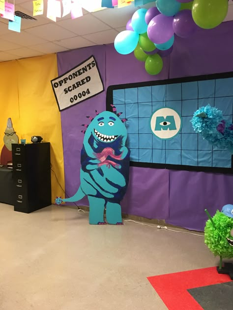 Monster Inc Hallway Decorations, Monsters Inc Hallway Decorations, Disney Homecoming Theme, Homecoming Hallway Themes, Space Crafts Preschool, Monsters Inc Room, Disney Homecoming, Homecoming Hallways, Monsters Inc Decorations