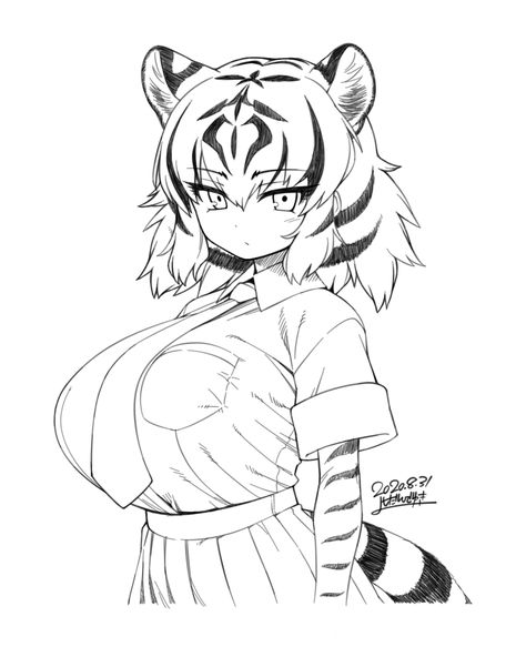 Friends Doodle, Tiger Ears, How To Draw Ears, Tiger Girl, Tiger Tail, Hybrid Art, Kemono Friends, Canine Art, Shirt Tucked In