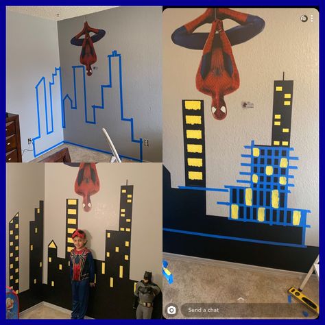 Spider Man Wall Painting Ideas, Spider Man Mural, Superhero Wall Painting, Boy Superhero Bedroom, Spiderman Room Aesthetic, Superhero Room Ideas, Spiderman Mural, Painting Boys Room, Super Hero Room