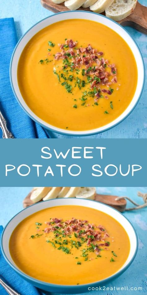 Welcome fall with this easy to make sweet potato soup. In this recipe, sweet potatoes are cooked with onions, carrots, celery, and a combination of spices. Then the soup is finished with half and half. Soup Comfort, Sweet Potato Recipes Healthy, Sweet Potato Soup Recipes, Loaded Sweet Potato, Carrots Celery, Hearty Comfort Food, Vegetable Beef Soup, Salad Dishes, Recipe Sweet