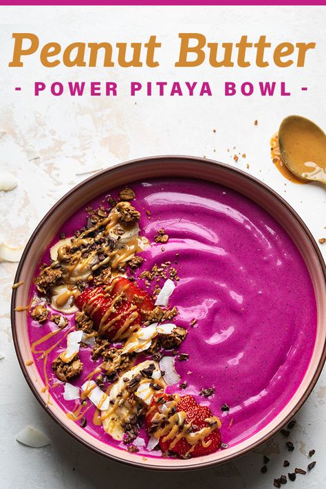 This Peanut Butter Power Pitaya Smoothie Bowl is made with frozen pitaya, strawberries, bananas, almond milk, peanut butter, and protein powder to make a nutritious and filling meal! Pitaya Smoothie Bowl, Healthy Smoothie Bowl, Pitaya Smoothie, Pitaya Bowl, Smoothie Bowl Recipe Healthy, Smoothie Bowl Recipe, Protein Ball, Bowl Recipe, Recipe Healthy