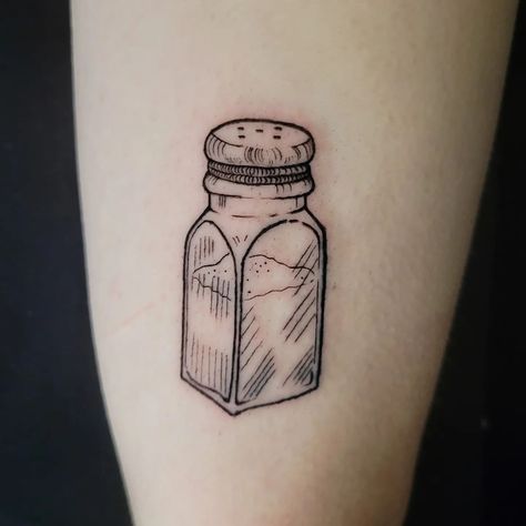 Salt Shaker Tattoo Small, Salt And Pepper Shaker Tattoos, Salt Shaker Illustration, Salt Of The Earth Tattoo, Canning Tattoo, Glass Jar Tattoo, Pepper Shaker Tattoo, Salt Shaker Drawing, Salt And Pepper Tattoo