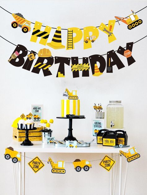 Happy Birthday Construction, Construction Birthday Cake, Digger Birthday, Construction Theme Birthday Party, Flower Birthday Party, First Birthday Posters, Soccer Birthday Parties, Paper Party Decorations, Construction Vehicle