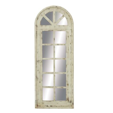 Decmode 18101 Tall Wooden Arched Window Frame Wall Mirror With Antique White Finish, 20" X 53" Wood Mirror Wall, Mirror Wall Panel, Tall Wall Mirrors, Wooden Dresser, White Windows, Wood Wall Mirror, Window Mirror, Accent Wall Decor, Wood Windows