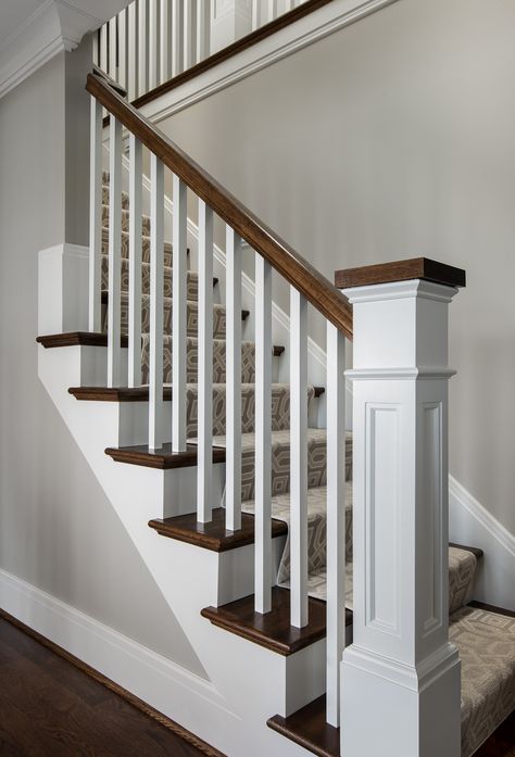 Farmhouse Upgrades, Stair Colors, Lake Stairs, Lake Front Cottage, Craftsman Stairs, Craftsman Staircase, Build Stairs, Stairs Skirting, Stair Railing Ideas