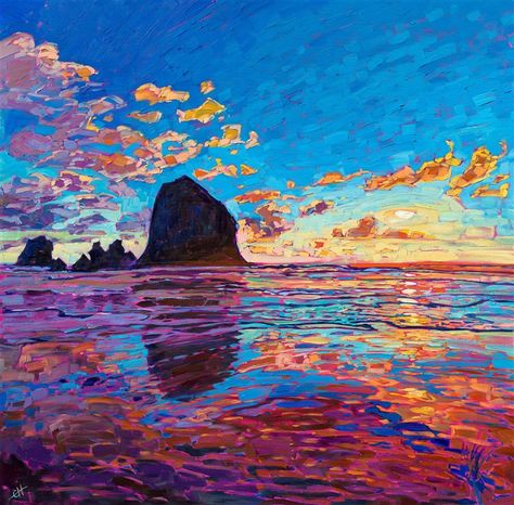 Haystack Rock Cannon Beach original oil painting for sale by Oregon landscape painter Erin Hanson Oregon Landscape, Sunset Reflection, Haystack Rock, American Impressionism, Erin Hanson, Rock Beach, Contemporary Impressionism, Oil Painting For Sale, Impressionism Painting