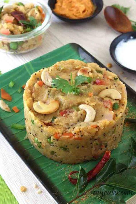 Vegetable Masala Upma | Masala Upma recipe Vegetable Masala, Peanut Chutney, Upma Recipe, Pav Bhaji Masala, Indian Appetizers, Filling Snacks, Kerala Food, Coconut Chutney, Roasted Cashews