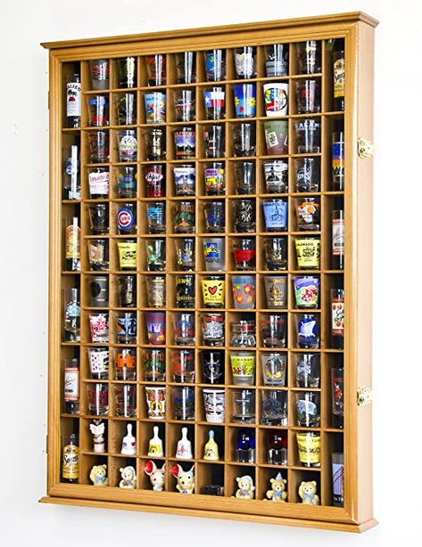 Amazon.com | 108 Shot Glass Shotglass Shooter Display Case Holder Cabinet Wall Rack 98% UV Lockable Door -Oak: Wall Mounted Cabinets: Shot Glasses Wall Mount Plate Rack, Shot Glass Display, Shot Glasses Display, Shot Glass Holder, Flag Display Case, Mini Liquor Bottles, Short Glass, Display Frames, Glass Display Case