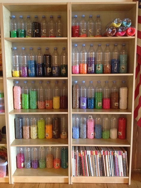 Perler storage with Evian bottles by Badassbeadz (a good way to recycle bottles) Dream Craft Room, Bead Organization, Perler Crafts, Bead Storage, Hama Beads Patterns, Diy Perler Beads, Iron Beads, Melting Beads, Perler Beads Designs