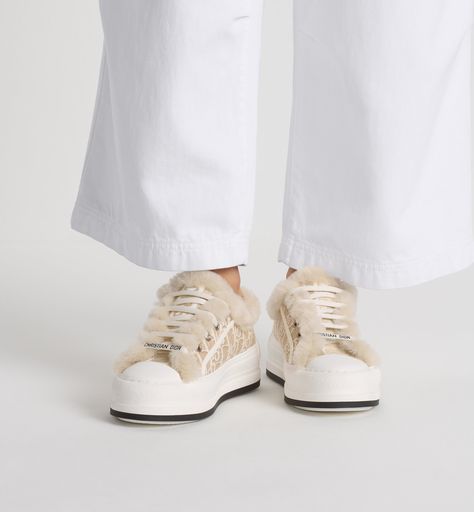 Walk'n'Dior Platform Sneaker Beige Cotton Embroidered with Dior Oblique Motif and Ecru Lambskin Shearling | DIOR Christmas Nyc, Christian Dior Paris, Dior Sneakers, Dior Paris, Dior Oblique, Dior Shoes, Platform Sneaker, Cute Bags, Christian Dior