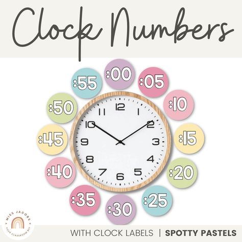 Purchase CLOCK NUMBER LABELS | SPOTTY PASTELS and 2 other items Muted Rainbow Color Palette, Rainbow Colour Palette, Classroom Clock, Joy Decorations, Clock Labels, Clock Numbers, Classroom Decor Bundle, Number Labels, Modern Classroom