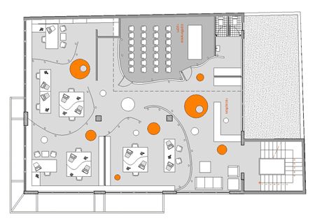 F-zein offices by KLab architects - Dezeen Wework Interior, Office Social Area, Smart Office Design, Open Office Furniture, Music Store Design, Plant Office Design, Office Layout Plan, Office Layouts, Open Office Design