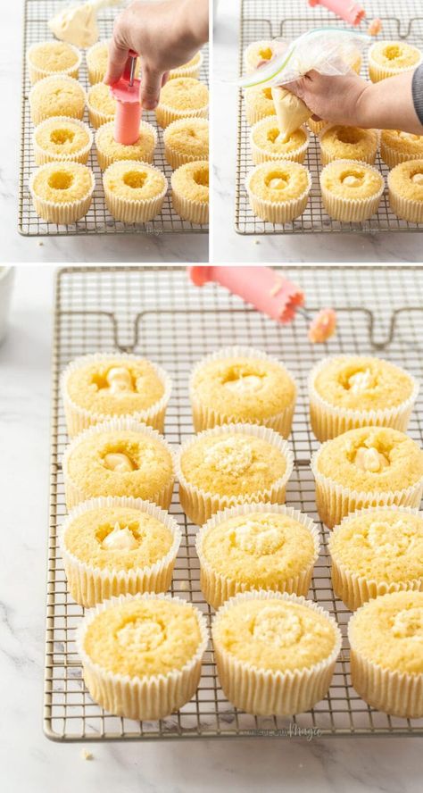 These perfect vanilla cupcakes are soft and fluffy, filled with crème patissiere and topped with the most amazingly smooth buttercream recipe – a custard buttercream and your new favourite. Easy to make, everyone will be queuing up for these little vanilla cakes. If you have access to custard powder, you could make the buttercream using custard powder instead. #sugarsaltmagic #buttercream #germanbuttercream #custard #custardbuttercream #vanillacupcakes Vanilla Cupcake With Filling, Custard Cupcakes, Filling For Vanilla Cupcakes, Vanilla Cupcakes Decoration, Custard Cupcake Filling, Custard Filled Cupcakes, Custard Cream Cupcakes, Soft Moist Vanilla Cupcake Recipe, Smooth Buttercream Recipe