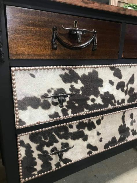 Cowhide Dresser Diy, Dresser Makeover Western, Diy Western Dresser Makeover, Western Furniture Dressers, Western Dresser Diy, Western Dressers, Western Dresser Furniture, Cowhide On Wall Ideas, Cowhide Crafts