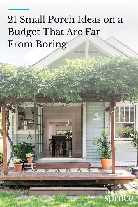 To help you create an affordable small porch with style, we've compiled a selection of 21 beautifully curated porches, showcasing a variety of styles. #backyarddecorideas #smallbalconydecorideas #outdoorlivingideas #smalloutdoorstylingideas #gardeningadvice   #indoorflowers #plantparenttips #thespruce Small Porch Ideas On A Budget, Narrow Porch, Starting A Flower Garden, Balcony Vegetable Garden, Small Porch Ideas, Potted Gardens, Covered Back Porches, Covered Back Porch, Small Front Porch Ideas