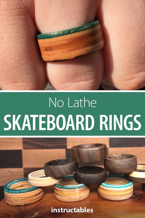 Old Skateboard Ideas Diy, Diy Wood Ring, Upcycle Jewelry Box, Wooden Rings Diy, Upcycled Rings, Skateboard Rings, Recycle Jewelry, Skateboard Furniture, Skateboard Ideas