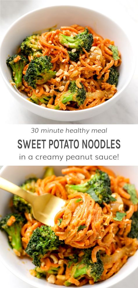 Sweet Potato Noodles Recipe, Sweet Potatoes Broccoli, Vegan Gluten Free Dinner, Potatoes Broccoli, Potato Noodles, Peanut Sauce Recipe, Sweet Potato Noodles, Gluten Free Dinner, Peanut Sauce