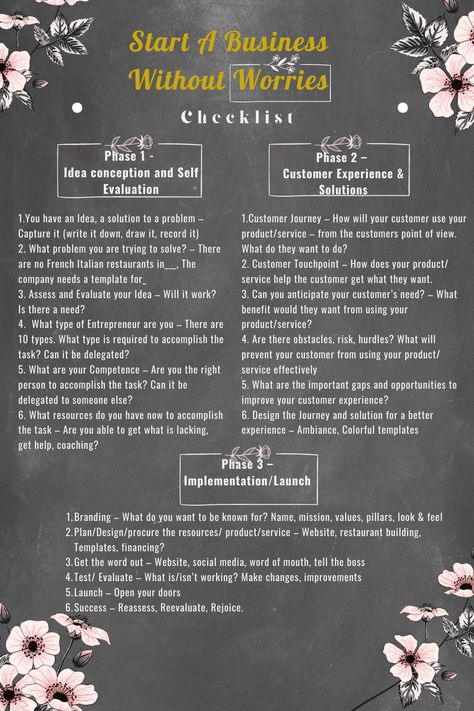 Starting a business can be fearful. This checklist will help you overcome some of those fears. This checklist will help you go through the process of coming up with profitable business ideas, how to start your business, ways to promote your business, how to start your own business with no money or experience, and much more Start Up Restaurant Ideas, How To Start A Sauce Business, How To Start A Club, How To Start A Party Planning Business, Starting A Consulting Business, How To Promote Your Business, How To Make A Business Plan, How To Start A Business, Doughnut Business