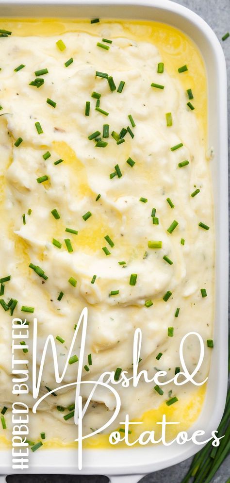 A top view into a baking dish filled with herbed butter mashed potatoes. Herbed Mashed Potatoes Recipe, Herb Mashed Potatoes Recipe, Starch Sides, Herbed Butter, Butter Mashed Potatoes, Buttery Mashed Potatoes, Easy Cheap Dinners, Environmentally Friendly Living, Mashed Potato Recipes