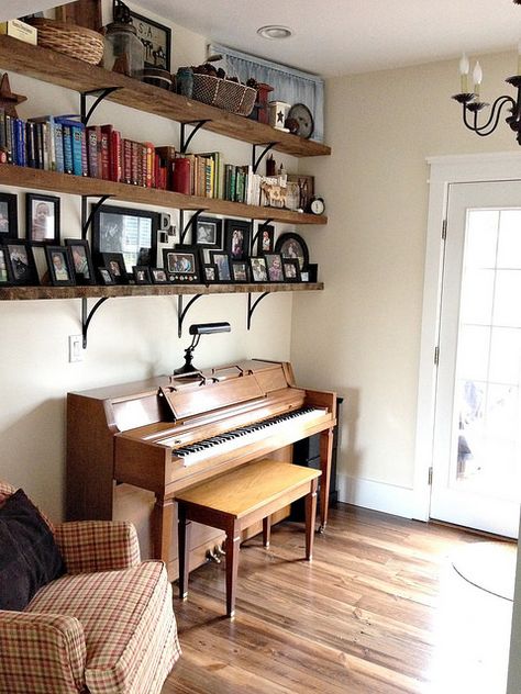 Hey, great minds think alike!!!  Shelves over piano... Our Farmhouse Tour - Andrea Dekker Dream House Aesthetic, Diy Furniture Easy, Kids Room Wall Art, Formal Living, Organizing Your Home, Home Projects, Home Organization, Family Room, Diy Furniture