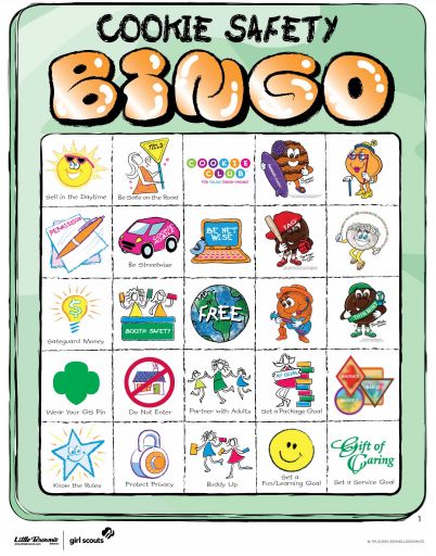 Girl Scout Safety Bingo for Cookie Sales- A FREE Resource and Perfect for reviewing  safety rules Girl Scout Brownies Meetings, Girl Scouts Games, Selling Girl Scout Cookies, Girl Scout Daisy Activities, Girl Scout Meeting Ideas, Girl Scout Mom, Girl Scout Cookie Sales, Girl Scout Cookies Booth, Girl Scout Troop Leader