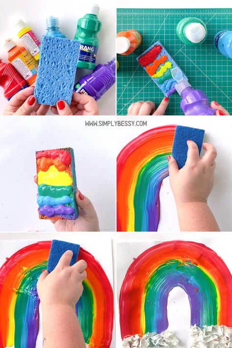 Rainbow Painting Preschool, Rainbow Sponge Painting, Paint Activity For Preschoolers, Rainbow Art Projects For Preschool, Rainbow Art Ideas, Rainbow Toddler Art, Painting Ideas Toddlers, Rainbow Craft For Toddlers, Toddler Rainbow Craft