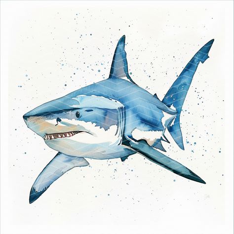 Watercolour Shark, Cool Silhouette Art, Watercolor Sea Animals, Shark Printables, Shark Watercolor, Sea Life Painting, Shark Images, Shark Painting, Shark Illustration