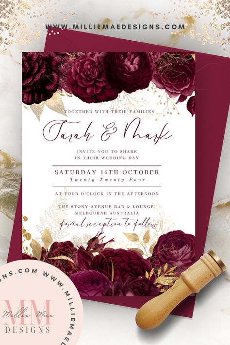 Burgundy and Gold roses on a printable and editable Canva template Wedding Invitation. Winter Wedding Invitations Burgundy, Burgundy And Gold Invitations, Burgundy And Gold Wedding, Outdoor Tent Wedding, Burgundy Invitations, Burgundy And Blush Wedding, Rose Gold Wedding Invitations, Burgundy Wedding Invitations, Formal Wedding Invitations