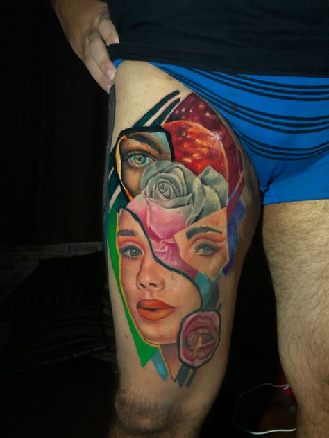 Tatuagem hiper colorida com rostos e junção de cores Portrait Tattoo, Surrealism, Tattoos, Color